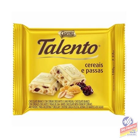 CHOC TALENTO BCO C CEREAIS UVA PASSA 85G